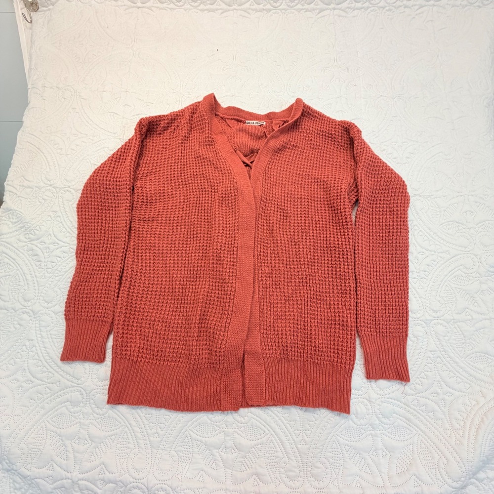 Moral Fiber‎ Rust Orange Waffle Knit Lace Up Back Open Front Cardigan Sweater L